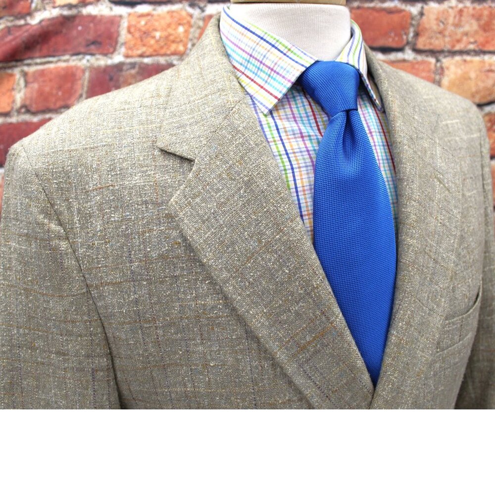 44 R- VTG BLAIR LINEN WINDOWPANE SPORT COAT KHAKI
